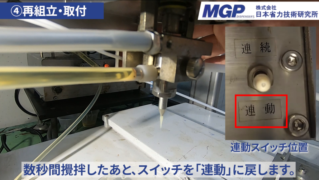 ミキサーカートリッジで数秒間攪拌した後、スイッチを「連動」に戻す操作。
